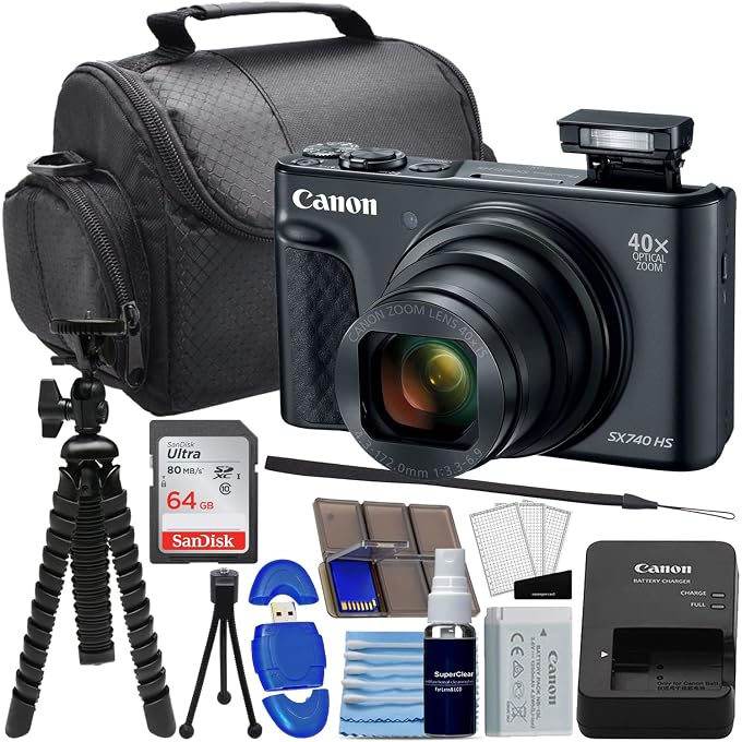 Canon PowerShot SX740 HS Digital Camera (Black) Bundle with SanDisk 64GB Memory Card, 12" Flex Tripod, High Speed Card Reader + Photo Kit (20 Items) (Renewed) - Image 1