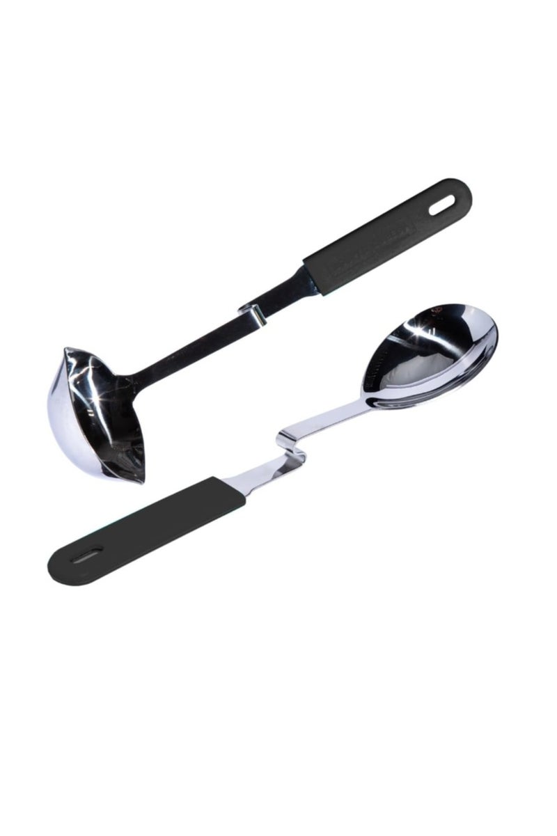 Souper Cubes طقم أدوات مطبخ من قطعتين – مغرفة بفتحة للسكب وملعقة تقديم من الستانلس ستيل بمقابض سيليكون مانعة للانزلاق – مثالية للطهي والتقديم – باللون الرمادي – من Souper Cubes ولوري غرينر