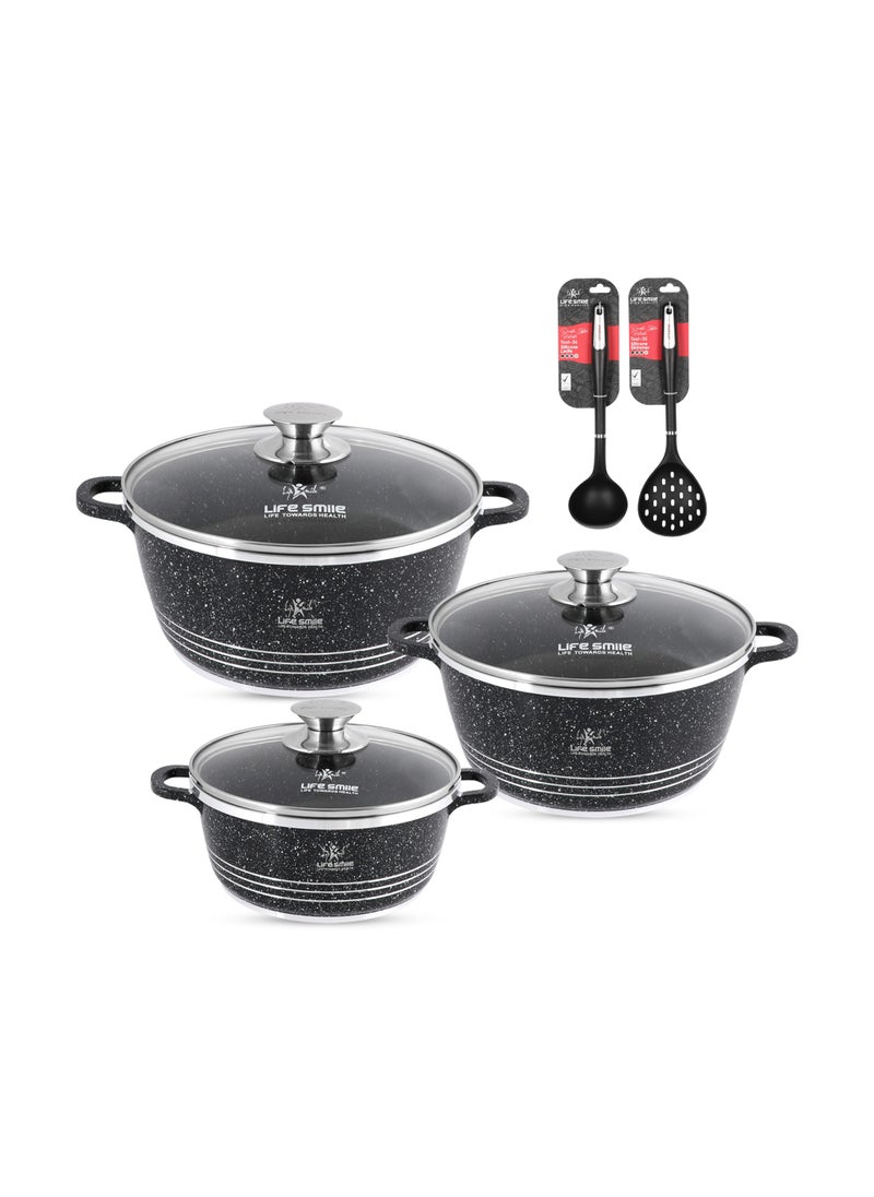 Life Smile Nonstick Cookware Set 8 pcs Cookwares with Stainless steel rim-Oven safe Pots and Pans set-Granite Coating Cooking Pots set Includes 16cmx1.5L Casserole with Lid, 20cmx2.3LCasserole with Lid, , 24cmx4.1L Casserole with Lid & 2pcs Silicone Utensils Contains 32x8.5cm Soup ladle & 34.5x10cm Skimmer  - Image 1