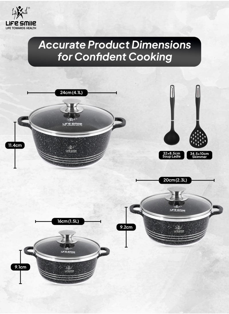 Life Smile Nonstick Cookware Set 8 pcs Cookwares with Stainless steel rim-Oven safe Pots and Pans set-Granite Coating Cooking Pots set Includes 16cmx1.5L Casserole with Lid, 20cmx2.3LCasserole with Lid, , 24cmx4.1L Casserole with Lid & 2pcs Silicone Utensils Contains 32x8.5cm Soup ladle & 34.5x10cm Skimmer  - Image 3