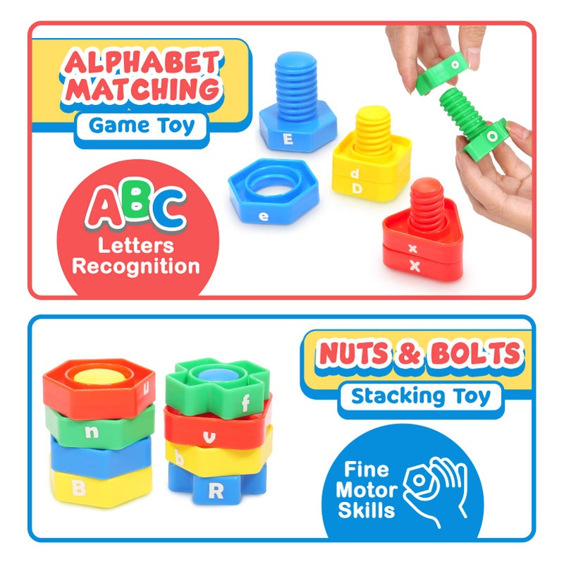 SMALL FISH Letters Learning Matching Game | Fine Motor Skills Toy Set for Toddlers | 26 Alphabet Learning Toys with 52 pcs Nuts and Bolts Sorting & Stacking Toys, ABC learning Educational Montessori Toy for Kids - Image 3