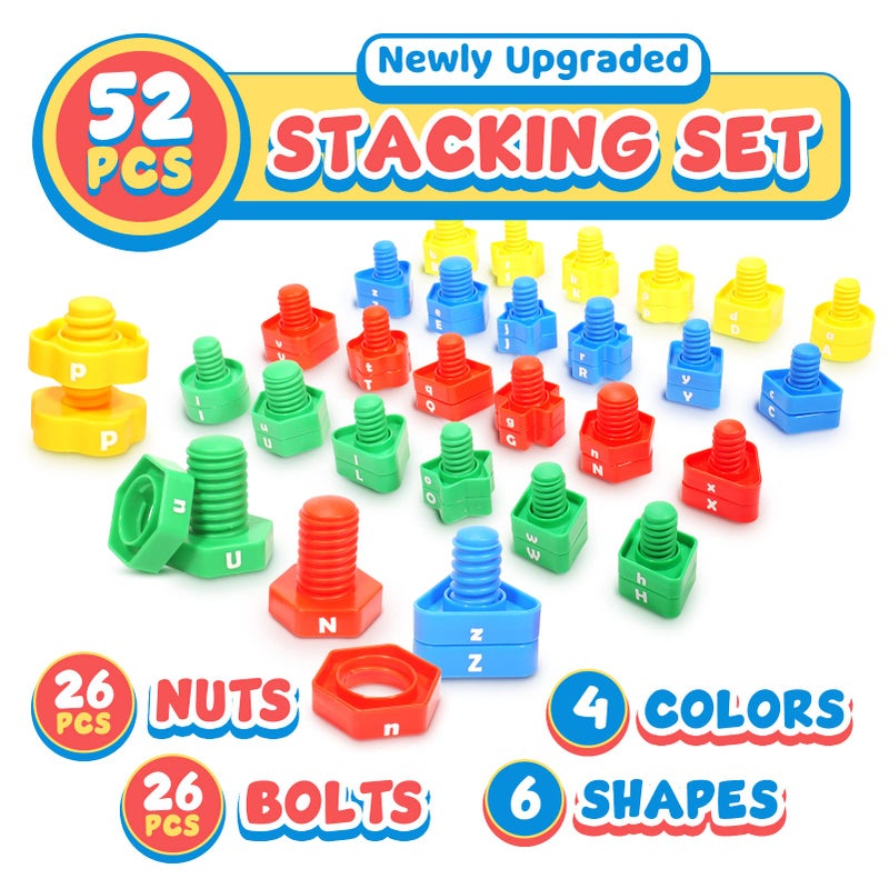SMALL FISH Letters Learning Matching Game | Fine Motor Skills Toy Set for Toddlers | 26 Alphabet Learning Toys with 52 pcs Nuts and Bolts Sorting & Stacking Toys, ABC learning Educational Montessori Toy for Kids - Image 2