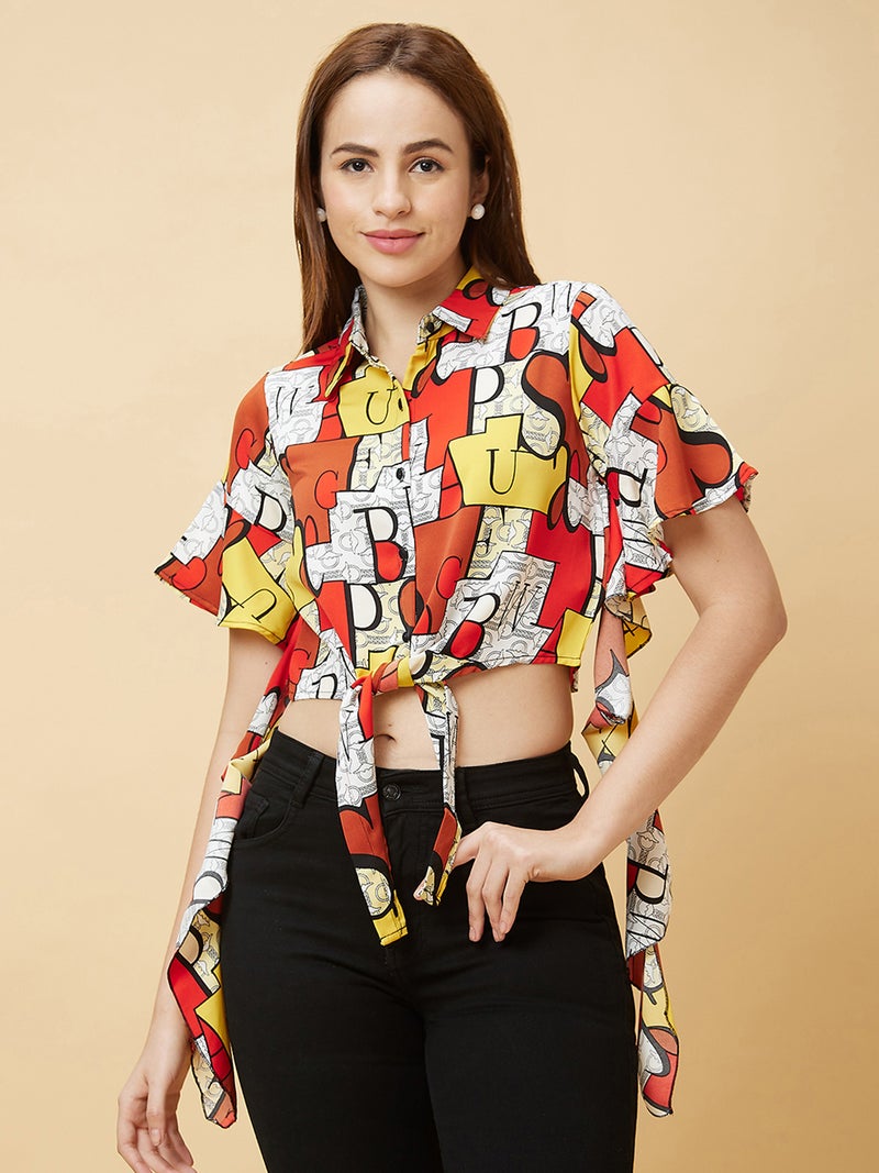 globus Globus Women Typography Printed Flared Sleeves Waist Tie-Ups Shirt Style Crop Top  - Image 2