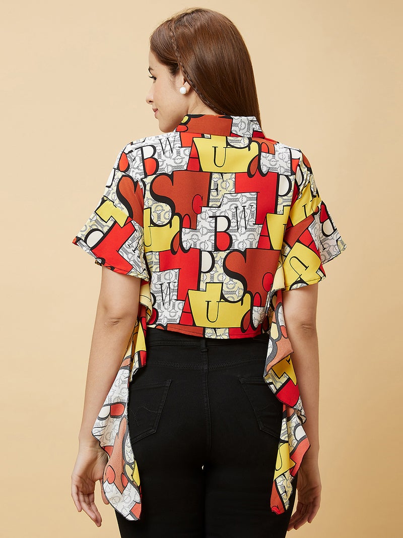 globus Globus Women Typography Printed Flared Sleeves Waist Tie-Ups Shirt Style Crop Top  - Image 4