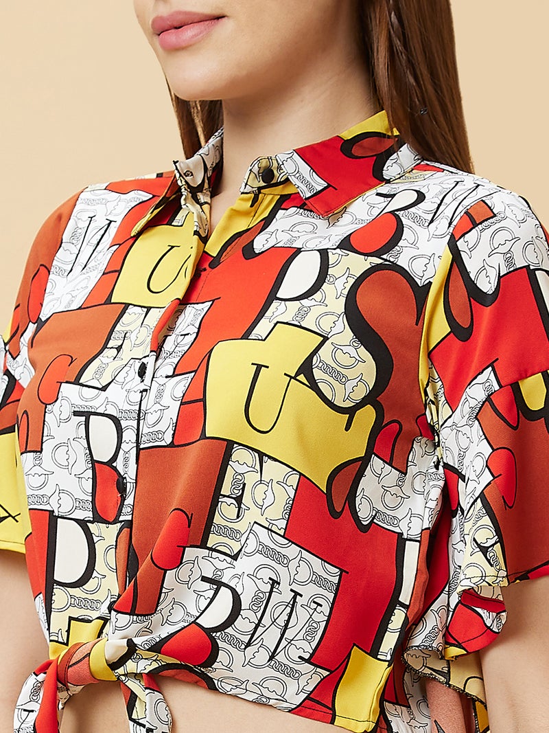 globus Globus Women Typography Printed Flared Sleeves Waist Tie-Ups Shirt Style Crop Top  - Image 5
