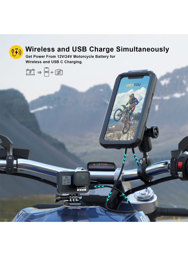 iMESTOU Waterproof Motorcycle Wireless Mount with USB-C Fast Charger, Anti-Theft 1" Ball Phone Holder with Aluminum Handlebar Mounting Base Fits for 5.5"-6.8" Cellphones (L) - Image 2