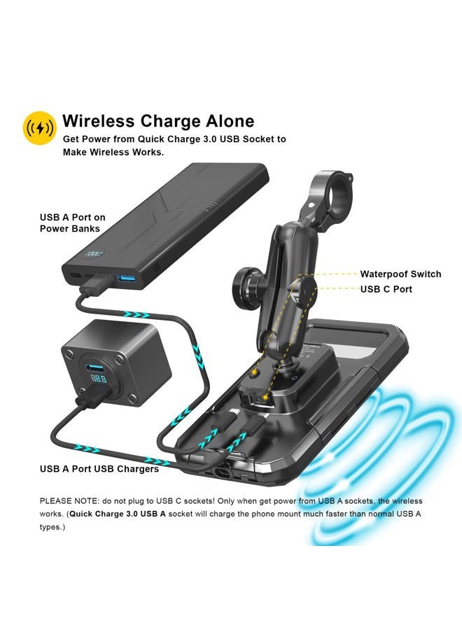 iMESTOU Waterproof Motorcycle Wireless Mount with USB-C Fast Charger, Anti-Theft 1" Ball Phone Holder with Aluminum Handlebar Mounting Base Fits for 5.5"-6.8" Cellphones (L) - Image 3