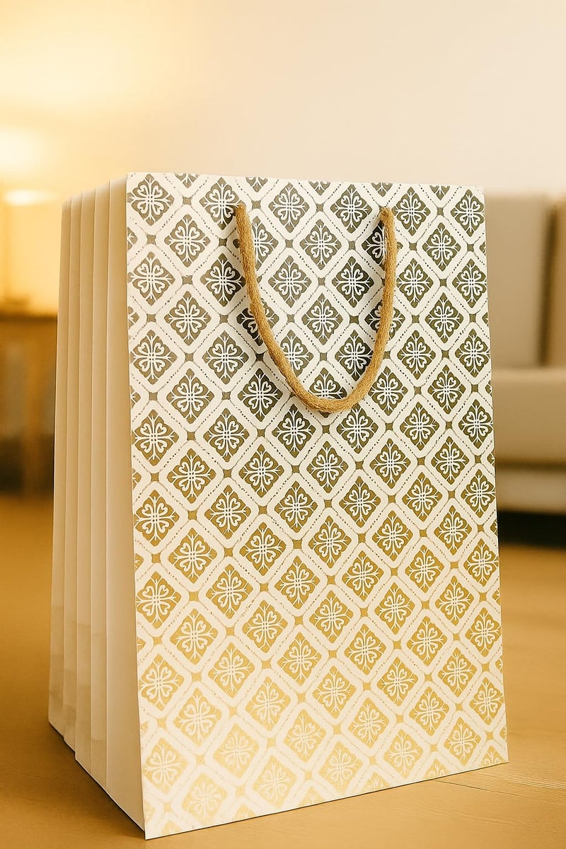 ARTSY® Elegant Premium Paper Gift Bags – Reusable Paper Carry Bags for Return Gifts, Festive Gifting, Weddings & Parties – 5 PCS Pack – Medium Size – White Golden Print –8X10 INCH - Image 1