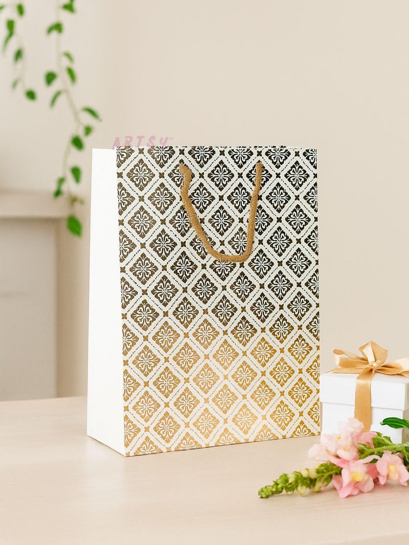 ARTSY® Elegant Premium Paper Gift Bags – Reusable Paper Carry Bags for Return Gifts, Festive Gifting, Weddings & Parties – 5 PCS Pack – Medium Size – White Golden Print –8X10 INCH - Image 4