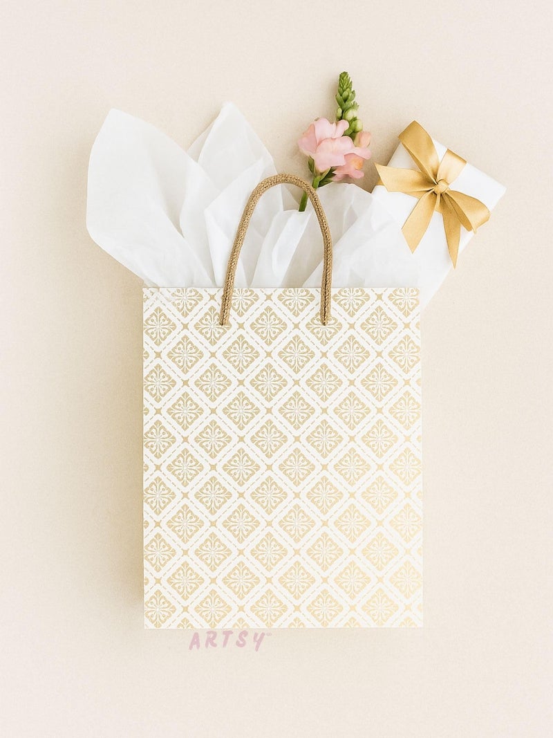 ARTSY® Elegant Premium Paper Gift Bags – Reusable Paper Carry Bags for Return Gifts, Festive Gifting, Weddings & Parties – 5 PCS Pack – Medium Size – White Golden Print –8X10 INCH - Image 5