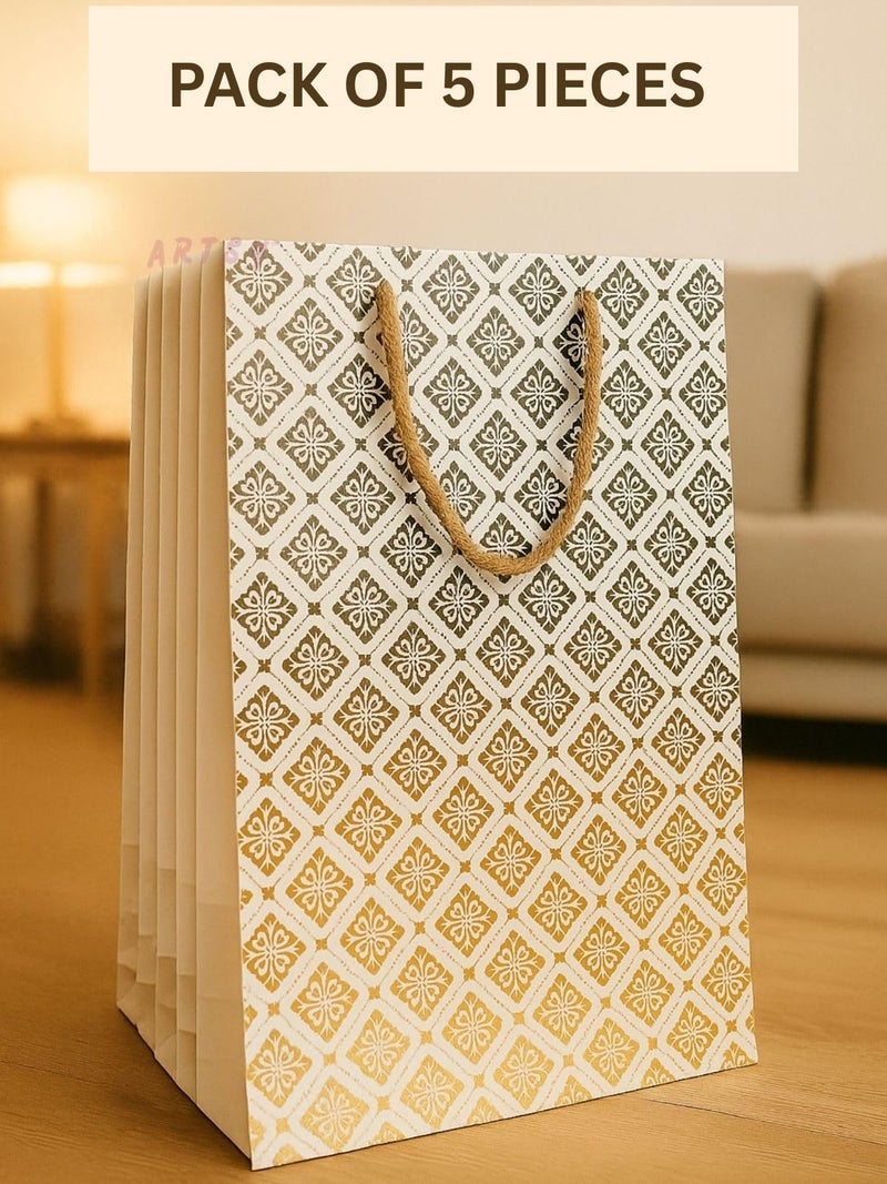 ARTSY® Elegant Premium Paper Gift Bags – Reusable Paper Carry Bags for Return Gifts, Festive Gifting, Weddings & Parties – 5 PCS Pack – Medium Size – White Golden Print –8X10 INCH - Image 2