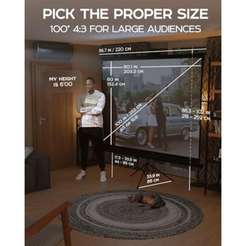 100 Inch Projection Screen on Feet - Indoor and Outdoor Projector Screen for Movies or Presentations - Adjustable from 4:3 to 16:9 HD Premium Tripod Screen without Crease with Bag, Matte - Image 3