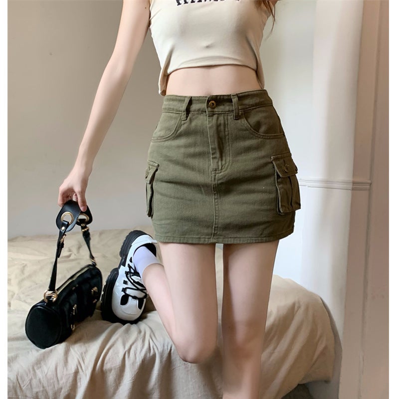Workwear Denim Skirt Womens Summer American Style High Waist Slim A- Line Miniskirt Hot Girls ins Wrap Hip Skirt Trendy Green - Image 1