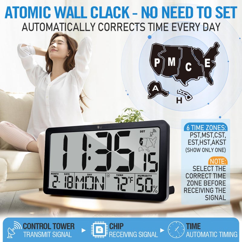 TXL Atomic Digital Wall Clock, Battery Operated with Temperature & Humidity, Auto DST, Date & Weekday, Easy Set Alarm, for Living Room, Bedroom, Office & Classroom (Black) - Image 2