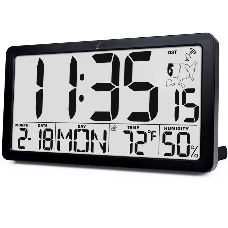 TXL Atomic Digital Wall Clock, Battery Operated with Temperature & Humidity, Auto DST, Date & Weekday, Easy Set Alarm, for Living Room, Bedroom, Office & Classroom (Black) - Image 1