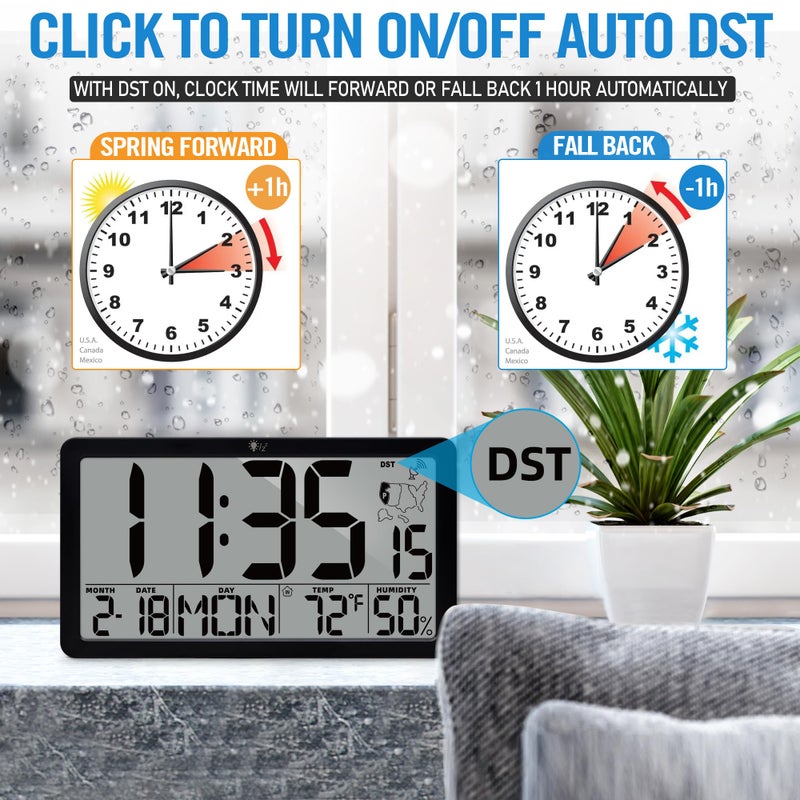 TXL Atomic Digital Wall Clock, Battery Operated with Temperature & Humidity, Auto DST, Date & Weekday, Easy Set Alarm, for Living Room, Bedroom, Office & Classroom (Black) - Image 5