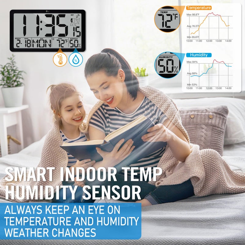 TXL Atomic Digital Wall Clock, Battery Operated with Temperature & Humidity, Auto DST, Date & Weekday, Easy Set Alarm, for Living Room, Bedroom, Office & Classroom (Black) - Image 4