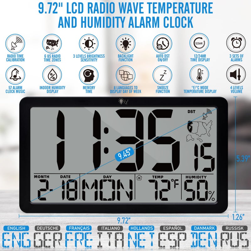 TXL Atomic Digital Wall Clock, Battery Operated with Temperature & Humidity, Auto DST, Date & Weekday, Easy Set Alarm, for Living Room, Bedroom, Office & Classroom (Black) - Image 3