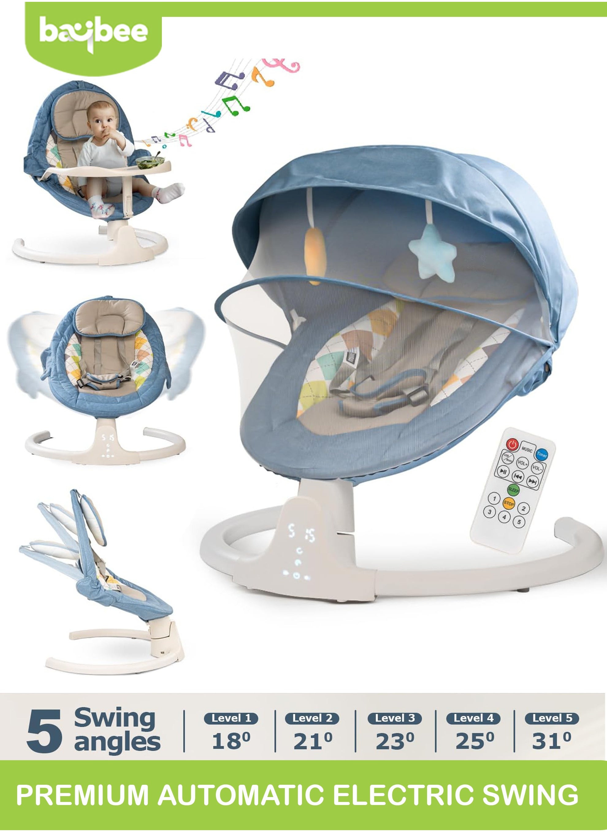 BAYBEE Baybee Lullabies Automatic Electric Baby Swing Cradle for Baby with Adjustable Swing Speed, Recline, Bluetooth & Music | Baby Rocker with Mosquito Net, Safety Belt & Toys | Swing for Baby (Blue) 