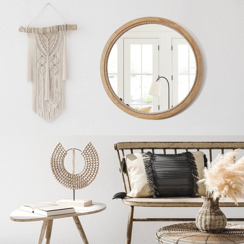 sawsile Round Wood Mirror,24 inch Circle Rustic Farmhouse Natural Wooden Frame Boho Beads Wall Mirror for Bathroom,Living Room,Bedroom or Entryway - Image 3