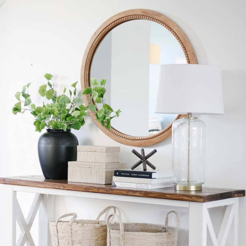 sawsile Round Wood Mirror,24 inch Circle Rustic Farmhouse Natural Wooden Frame Boho Beads Wall Mirror for Bathroom,Living Room,Bedroom or Entryway - Image 4