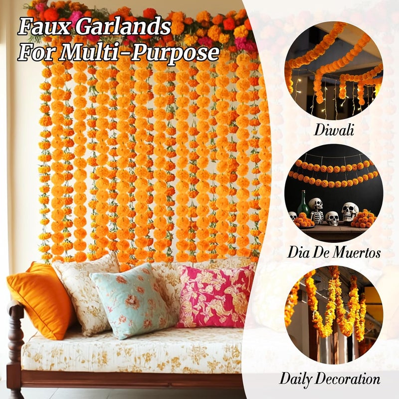 Rainflow 5PCS 5 Feet Marigold Garland for Decoration - Marigold Flowers Garlands for Indian Diwali Day of The Dead Decorations, Indian Weddings (Orange) - Image 4