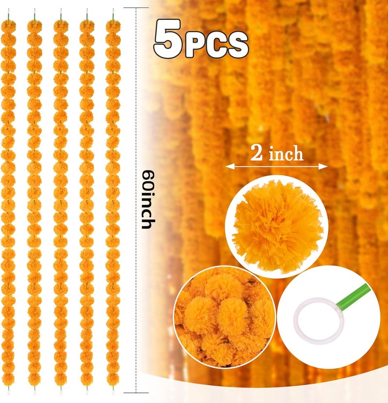 Rainflow 5PCS 5 Feet Marigold Garland for Decoration - Marigold Flowers Garlands for Indian Diwali Day of The Dead Decorations, Indian Weddings (Orange) - Image 2