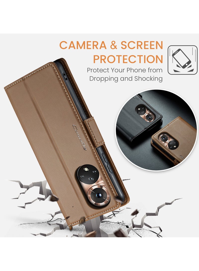 CaseMe Phone Case Luxury PU Leather Design Anti Fingerprint 023 Flip Cover Card Slot Holder Cover For Honor 50 (Brown) - Image 3