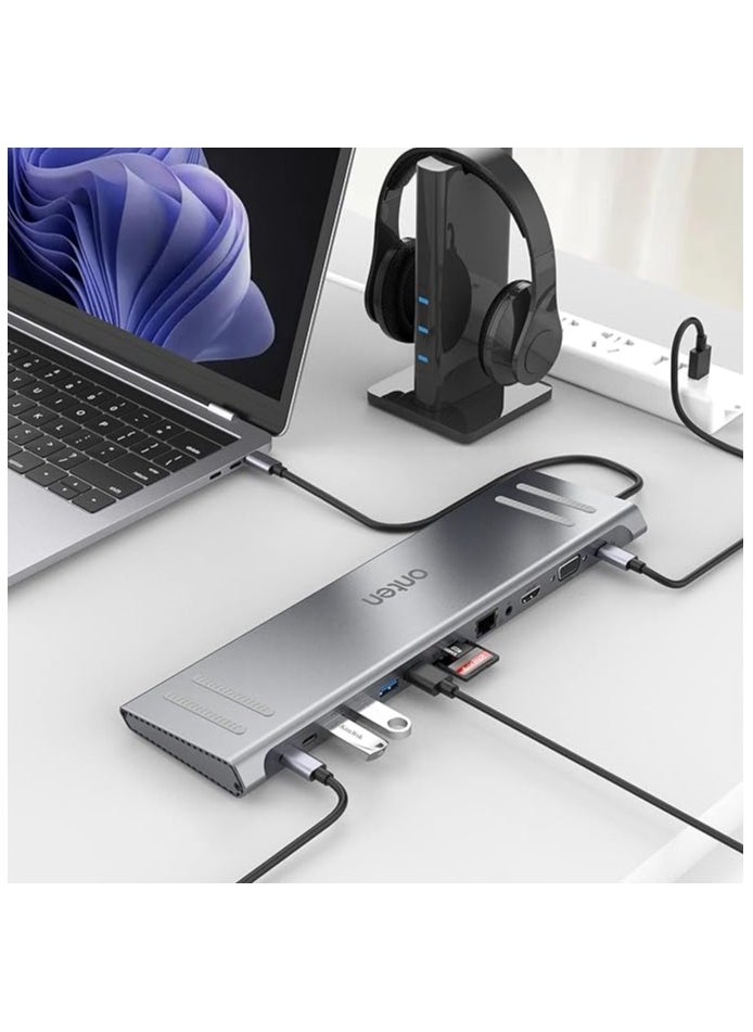 onten - ONTEN Dock Station, 13 in 1 USB C Docking Station ,USB C Network Hub with HDMI VGA PD(3.0),4*USB 2*USB C，10/100M Gigabit. Laptop Stand for MacBook iPad Surface pro and More Windows Laptop - Image 1