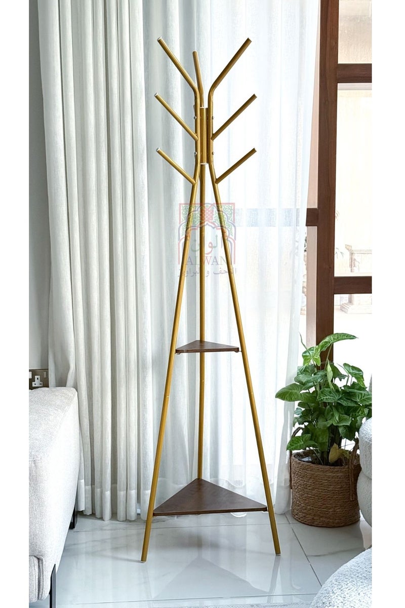 الوان التحف والبراويز علاقة ملابس أرضية بارتفاع 180 سم - لون بني وذهبي - 2 أرفف تخزين - قاعدة معدنية ثابتة - Image 2