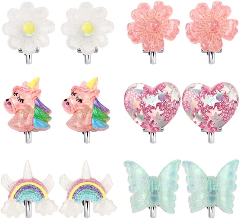 Wingchold 6Pairs Crystal Unicorn Clip On Earrings for Little Girls, Rainbow Clip-on Jewelry Butterfly Earrings Toddler Girls Dress Up Jewelry - Image 1
