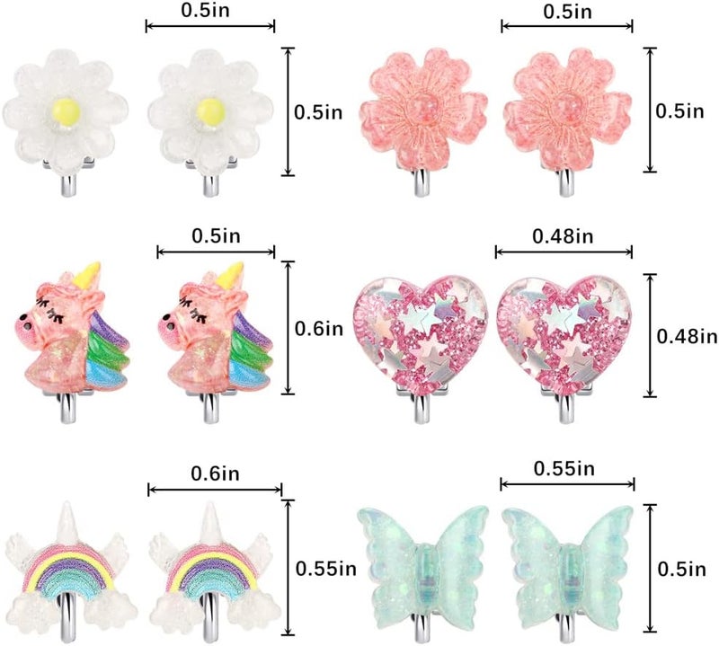 Wingchold 6Pairs Crystal Unicorn Clip On Earrings for Little Girls, Rainbow Clip-on Jewelry Butterfly Earrings Toddler Girls Dress Up Jewelry - Image 2