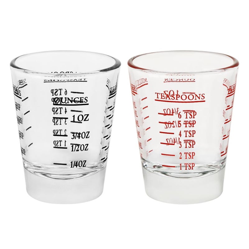 BTGLLAS Set of 2 Shot Glasses Heavy Glass Perfect for Measuring Espresso Wine and More 26Incremental Measurement 1oz 6 Tsp 2 Tbs 30ml 2 RedBlack