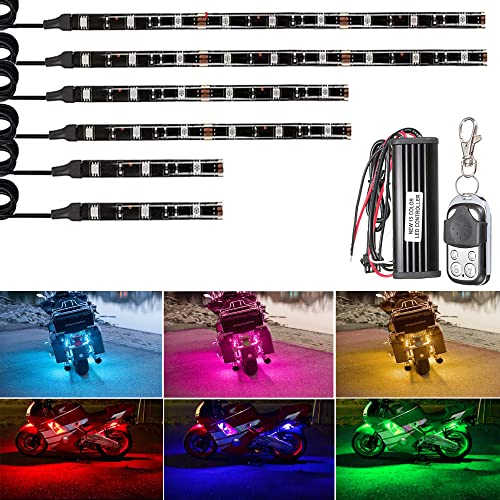 NBWDY 6Pcs Motorcycle Led Light Kits Strips Wireless RF Remote Control Waterproof RGB Multi-Color Neon Accent Glow Ground Effect Atmosphere Underglow Lights for Motocycle Golf Cart ATV - Image 1