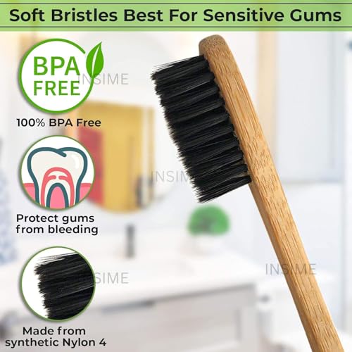 INSIME Bamboo toothbrush set for teeth | Organic Natural wooden toothbrush for adults | Charcoal Bamboo brush wood toothbrush for men & women | Eco friendly Non plastic Wooden tooth brush for Adults - Image 2