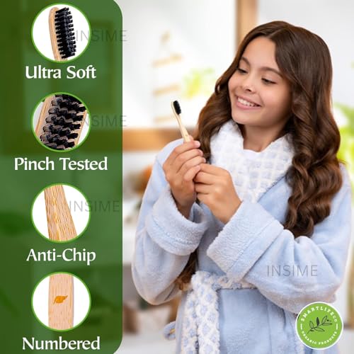 INSIME Bamboo toothbrush set for teeth | Organic Natural wooden toothbrush for adults | Charcoal Bamboo brush wood toothbrush for men & women | Eco friendly Non plastic Wooden tooth brush for Adults - Image 4