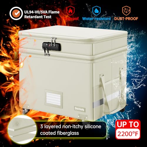 DocSafe Fireproof Document Box with Lock,2-Layer File Box with Wheels,Collapsible File Storage Organizer with Pockets,Large Portable Office Filing Cabinet for Hanging Folders,Beige,16''x13.8''x12.2'' - Image 4