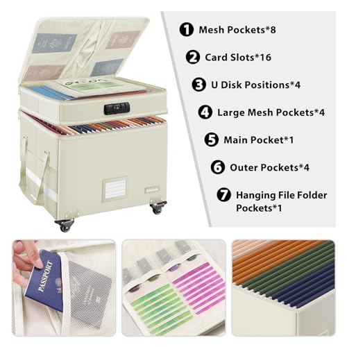 DocSafe Fireproof Document Box with Lock,2-Layer File Box with Wheels,Collapsible File Storage Organizer with Pockets,Large Portable Office Filing Cabinet for Hanging Folders,Beige,16''x13.8''x12.2'' - Image 2