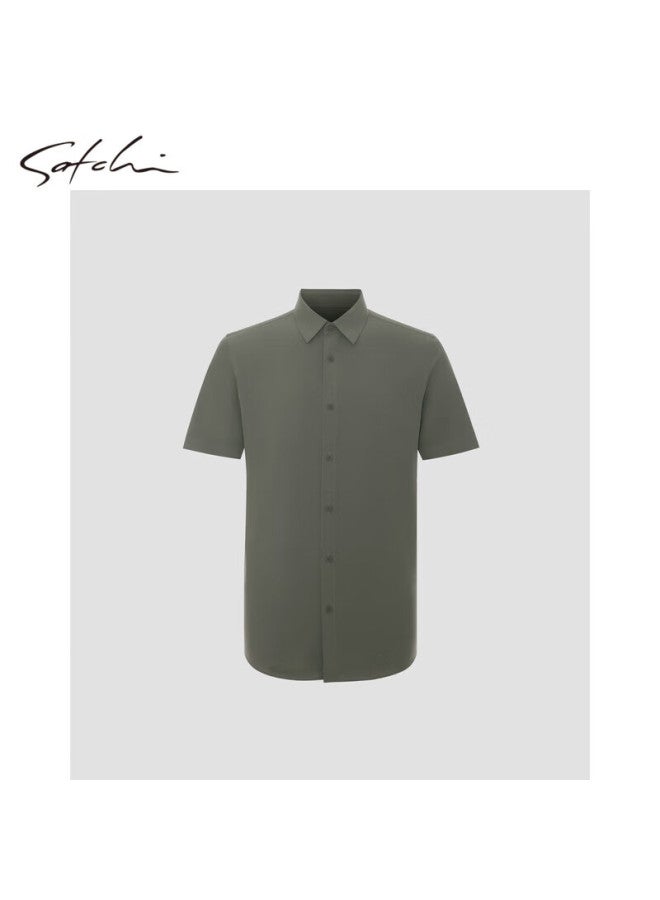 Satchi Men's Business Short Sleeve Shirt With Turn-down Collar, Solid Color Cardigan, Comfortable And Breathable, Non-pilling, Thin Spring And Summer Style - Gray Green 40 - Image 4