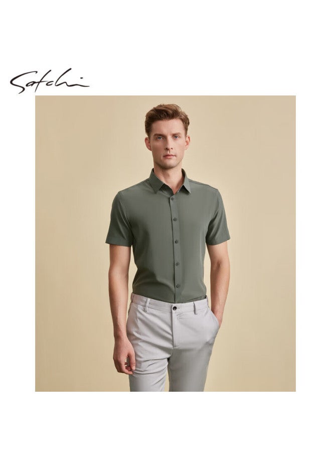 Satchi Men's Business Short Sleeve Shirt With Turn-down Collar, Solid Color Cardigan, Comfortable And Breathable, Non-pilling, Thin Spring And Summer Style - Gray Green 40 - Image 1