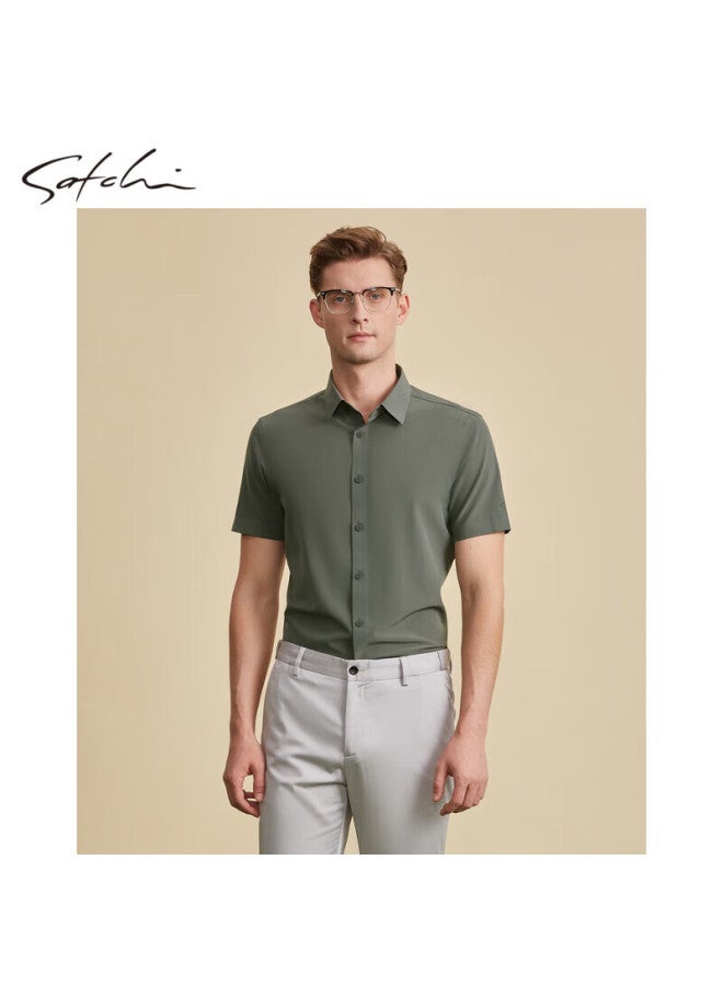 Satchi Men's Business Short Sleeve Shirt With Turn-down Collar, Solid Color Cardigan, Comfortable And Breathable, Non-pilling, Thin Spring And Summer Style - Gray Green 40 - Image 3