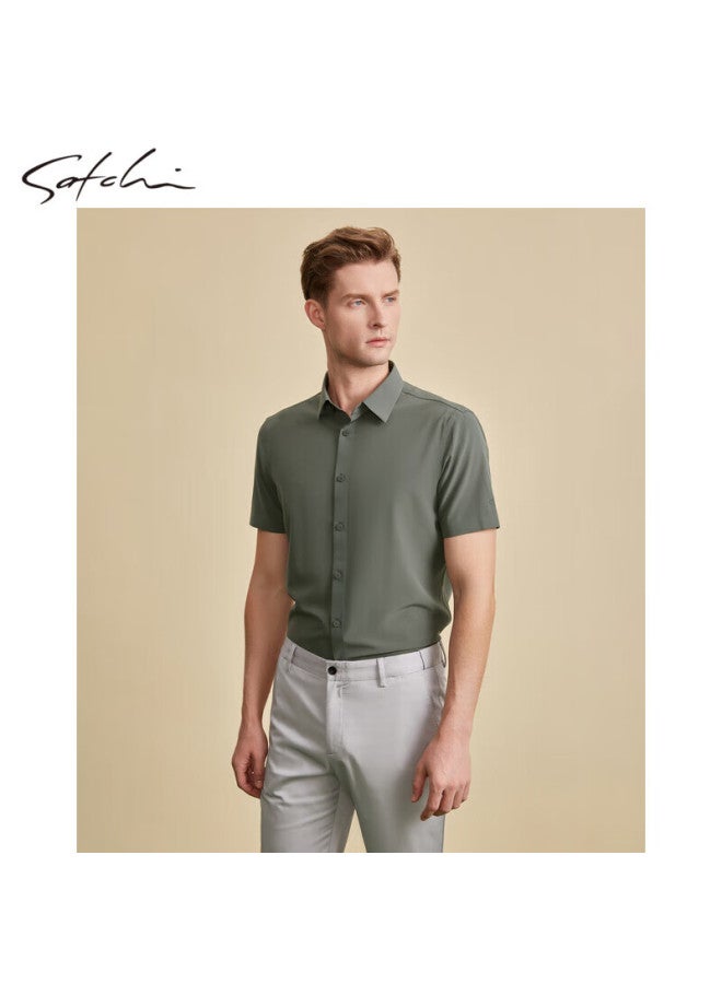 Satchi Men's Business Short Sleeve Shirt With Turn-down Collar, Solid Color Cardigan, Comfortable And Breathable, Non-pilling, Thin Spring And Summer Style - Gray Green 40 - Image 2