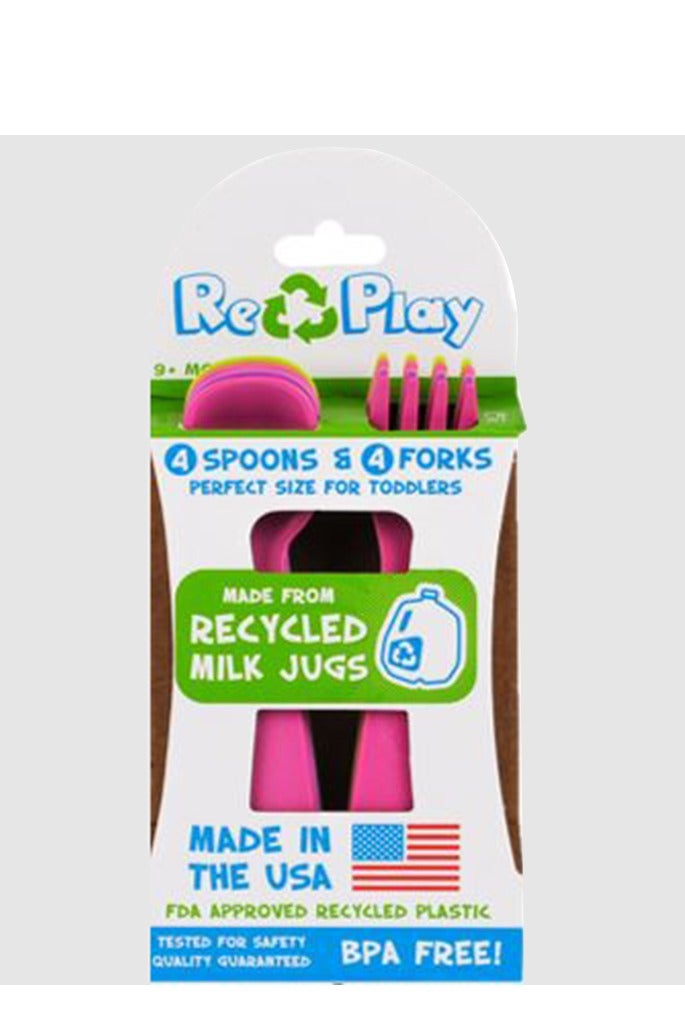 طقم أدوات طعام للأطفال - 8 قطع | بنفسجي، وردي ساطع، أميثيست وأخضر ليموني | خالي من BPA | آمن للغسل في غسالة الصحون | تصميم مريح وسهل الإمساك | مصنوع من مواد معاد تدويرها