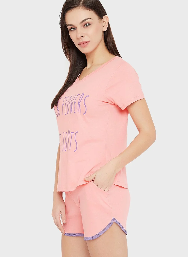 Clovia Text Print Top & Shorts Set Pink -100% Cotton