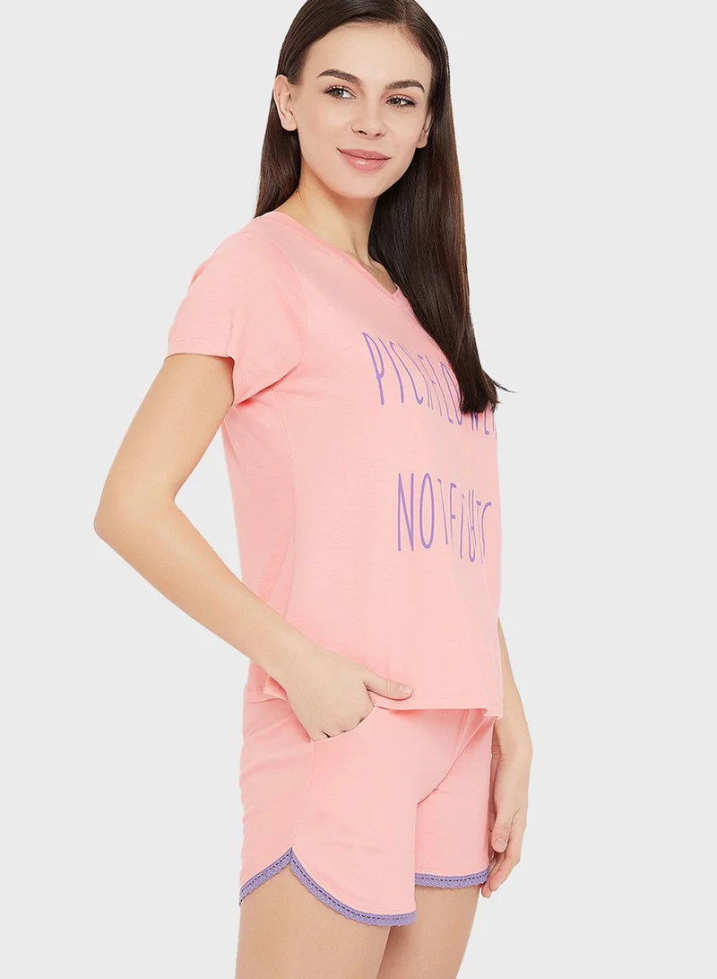 Clovia Text Print Top & Shorts Set Pink -100% Cotton