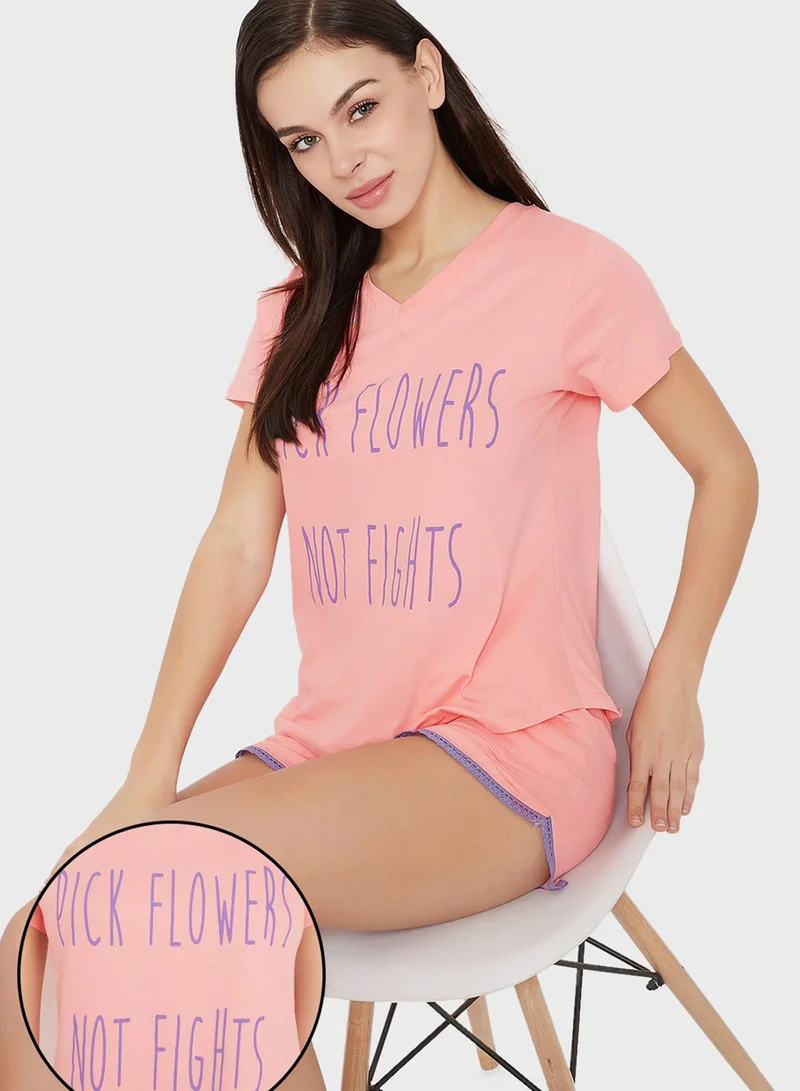 Clovia Text Print Top & Shorts Set Pink -100% Cotton