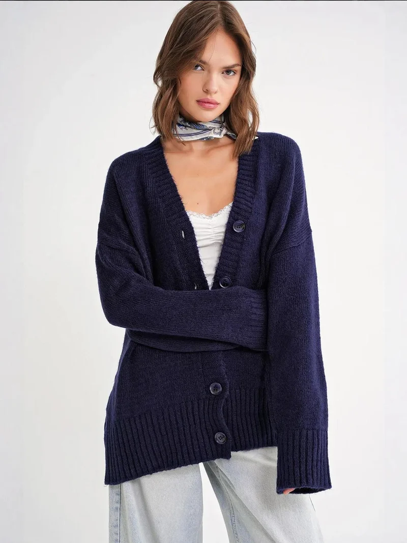 MixRay Mixray Buttoned V-Neck Ribbed Knit Cardigan