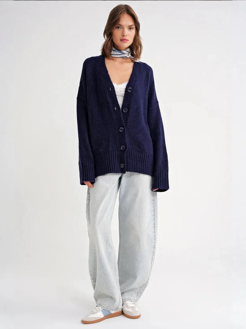 MixRay Mixray Buttoned V-Neck Ribbed Knit Cardigan