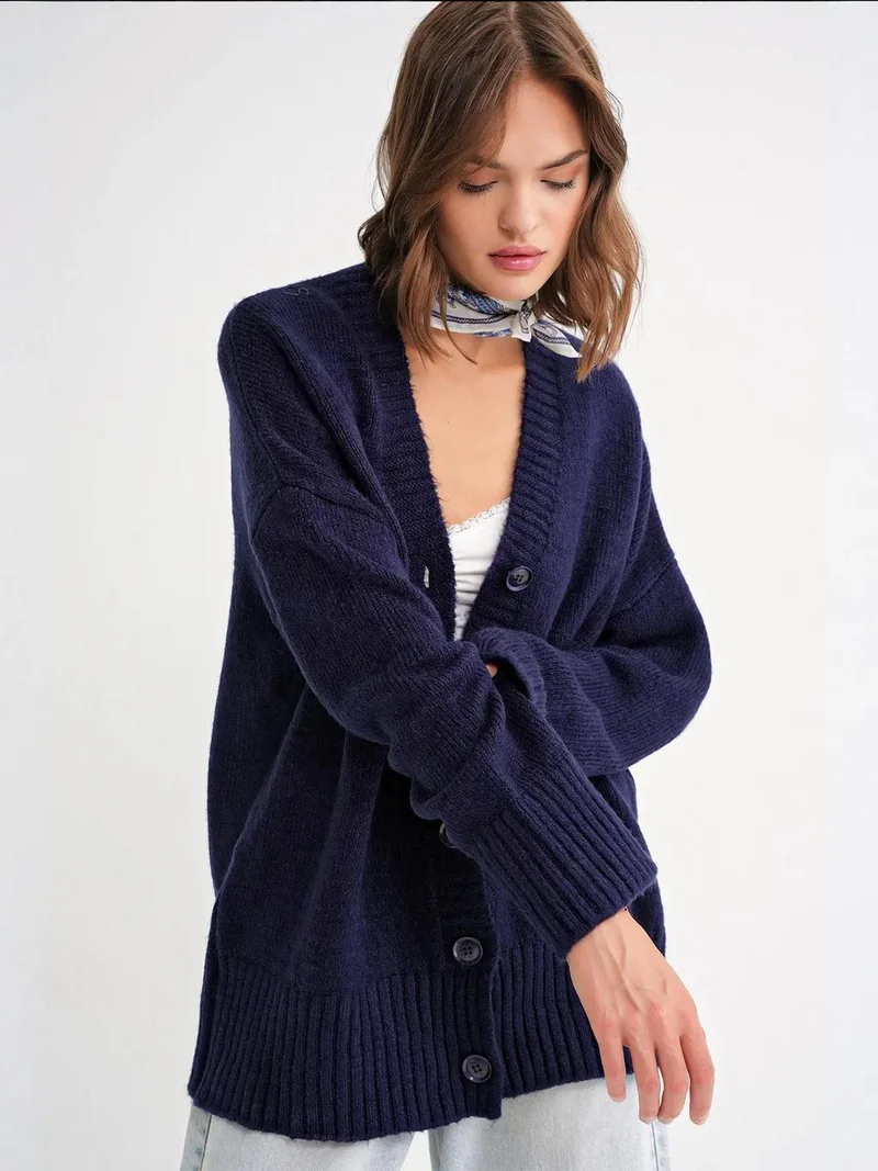 MixRay Navy Blue Mixray Buttoned V-Neck Ribbed Knit Cardigan for Women | Best Price UAE