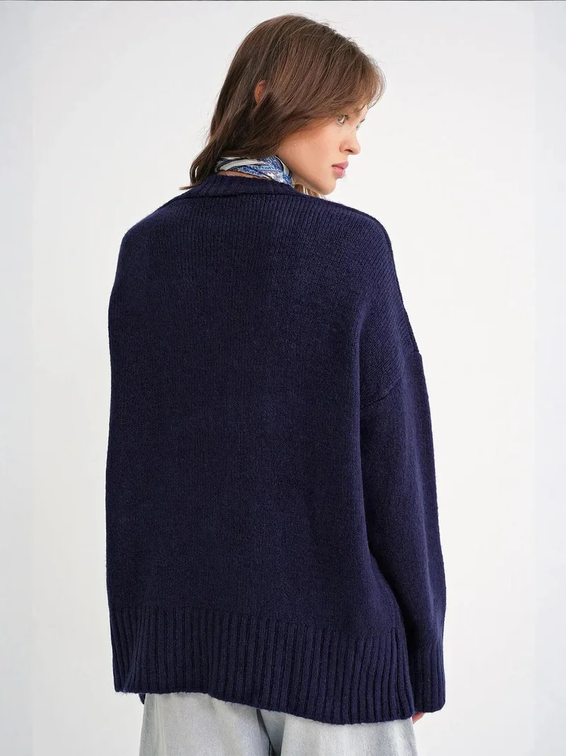 MixRay Navy Blue Mixray Buttoned V-Neck Ribbed Knit Cardigan for Women | Best Price UAE